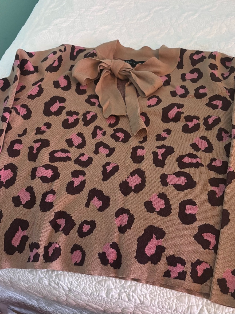 New York & Company Brown and Pink Leopard Bow Neck Sweater